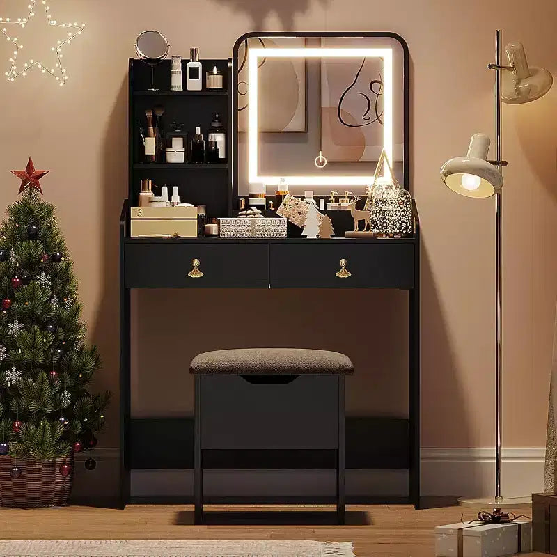 Makeup Vanity Set with Mirror; Small Makeup Desk with Upholstered Storage Stool; Dressing Table with 2 Large Drawers and 3-Tier Open Shelves for Home