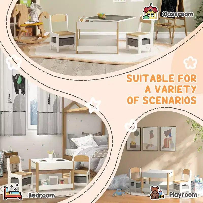 Table et chaises pour enfants, avec tableau noir de bureau, étagères de rangement et bibliothèques