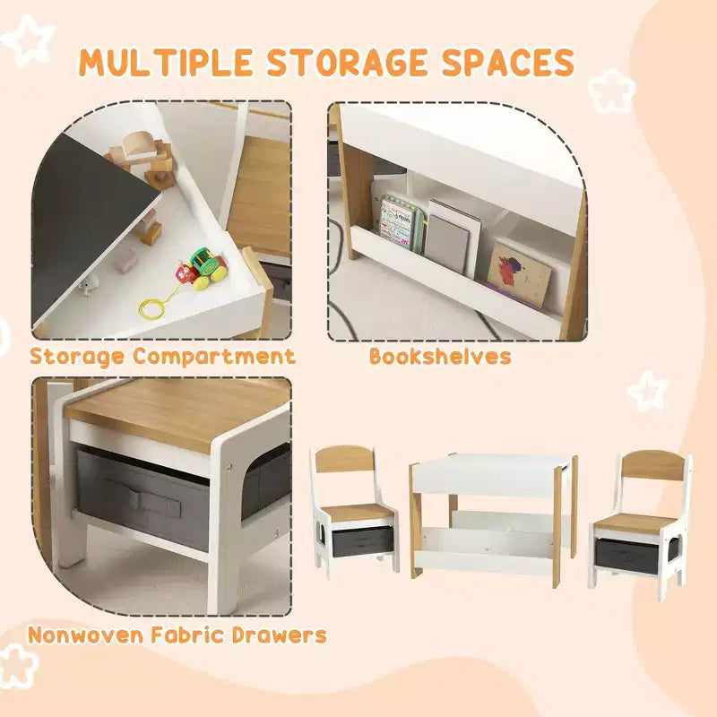 Table et chaises pour enfants, avec tableau noir de bureau, étagères de rangement et bibliothèques