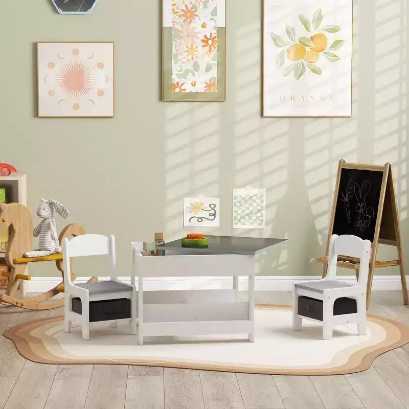 Table et chaises pour enfants, avec tableau noir de bureau, étagères de rangement et bibliothèques