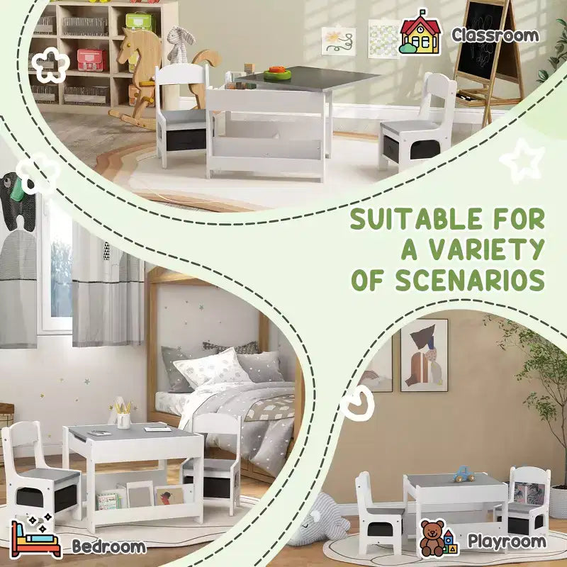 Table et chaises pour enfants, avec tableau noir de bureau, étagères de rangement et bibliothèques