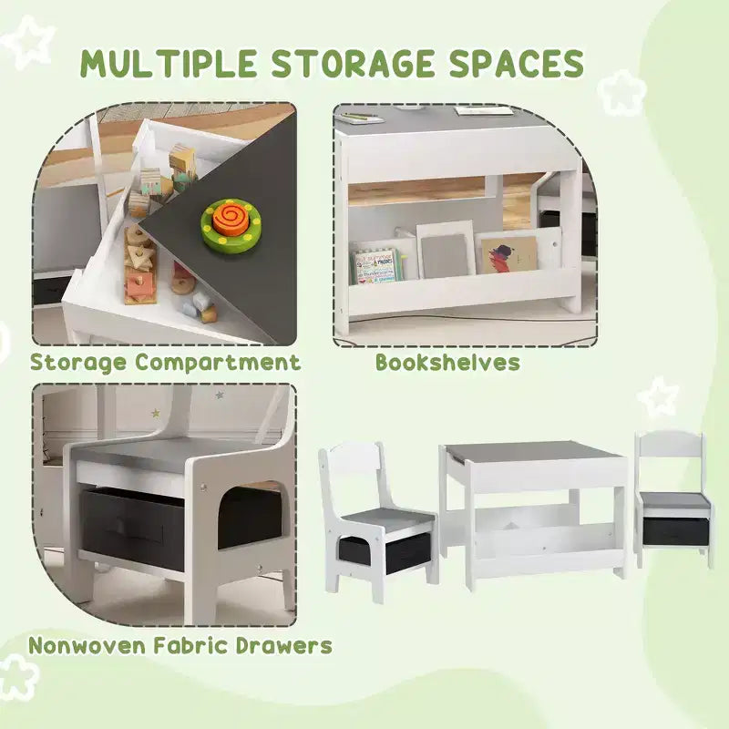 Table et chaises pour enfants, avec tableau noir de bureau, étagères de rangement et bibliothèques