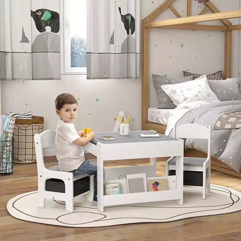 Whisen 3 Piece Kids Table and Chair Set with Tabletop Blackboard; Storage & Bookshelves; Perfect Gift for Kids