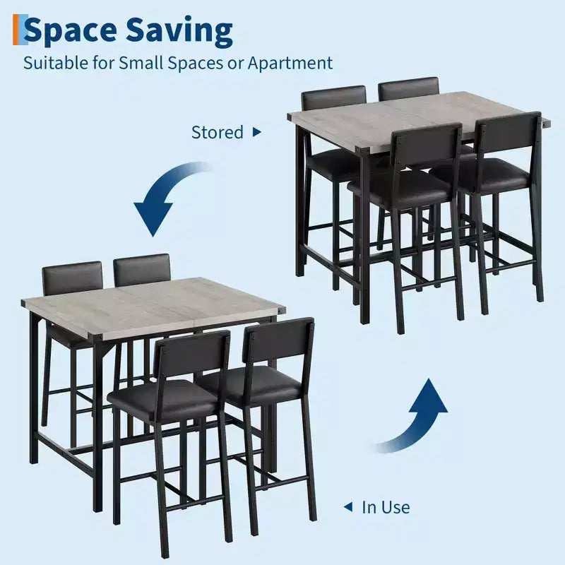 Table et chaises pour quatre personnes ; repose-pieds ; table de bar