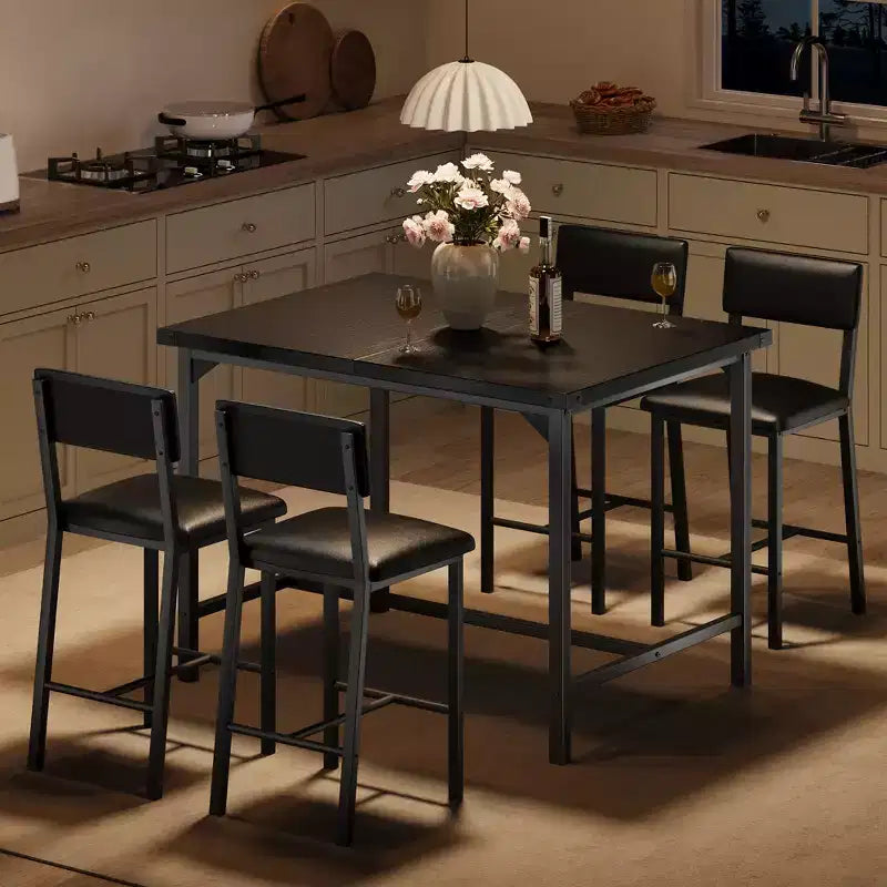 Dining Table Set for 4; 5-Piece Kitchen Table Set; Footrest; Corner Protector; Counter Height Table; 2 Upholstered Bar Stools; for Kitchen
