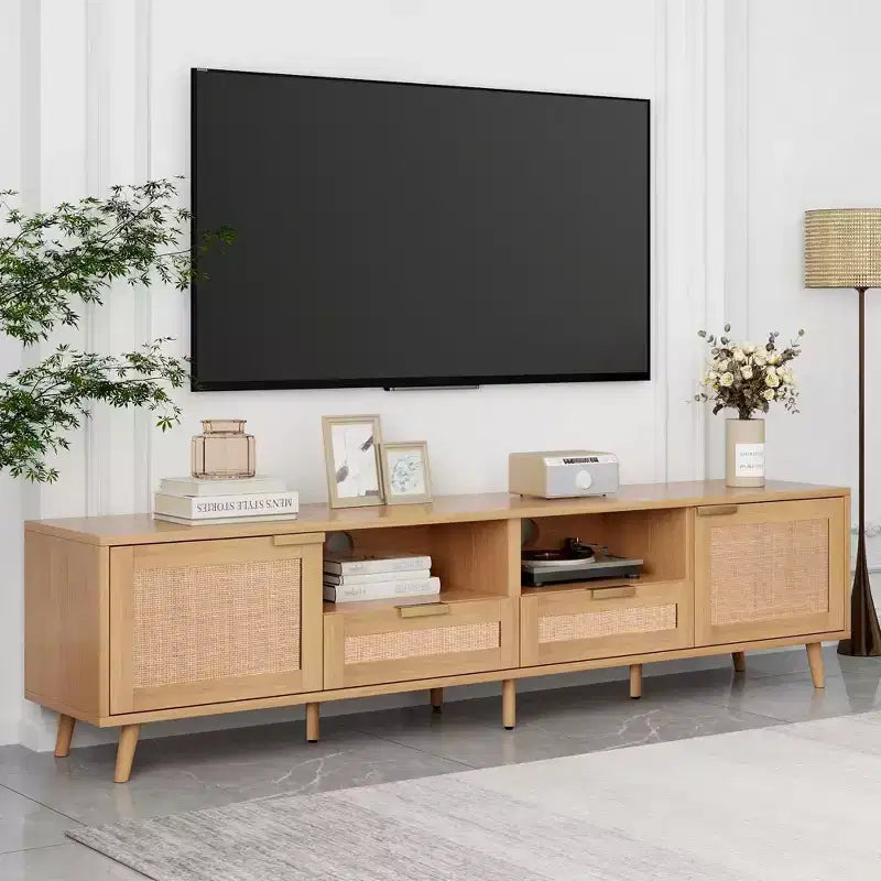 Modern Rattan TV Cabinet with Open Storage Shelves and Sturdy Wood Legs; Home Entertainment Center for Game Rooms; Living Rooms; Bedrooms; Offices