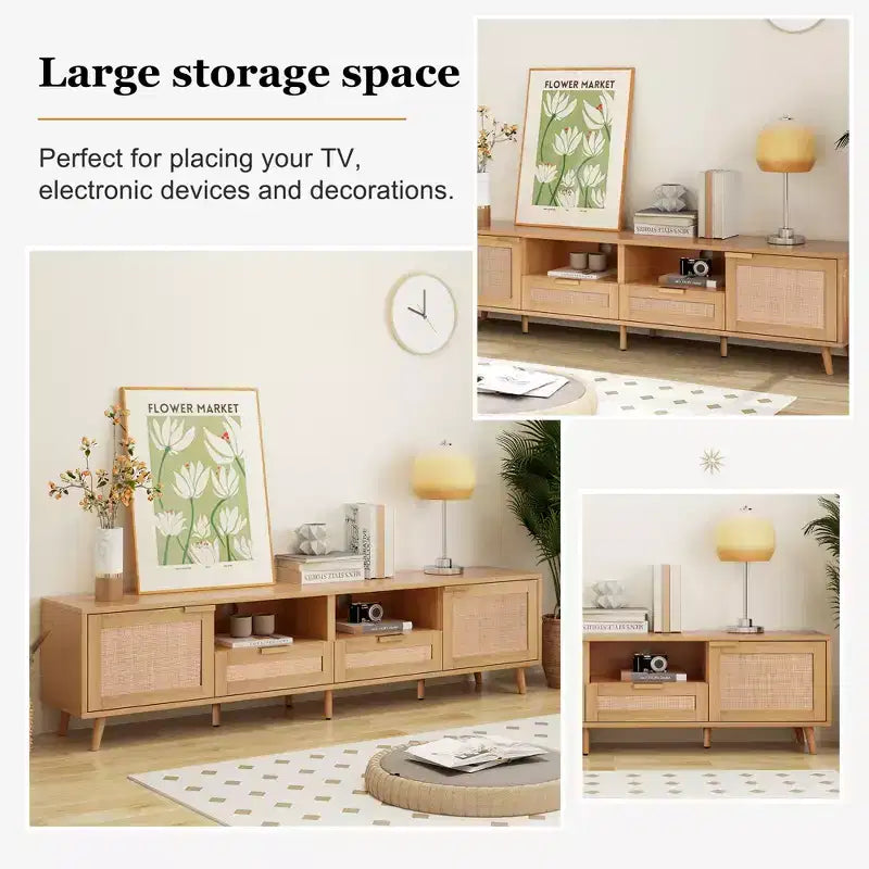 Meuble TV moderne en rotin avec étagères ouvertes et pieds en bois robustes.