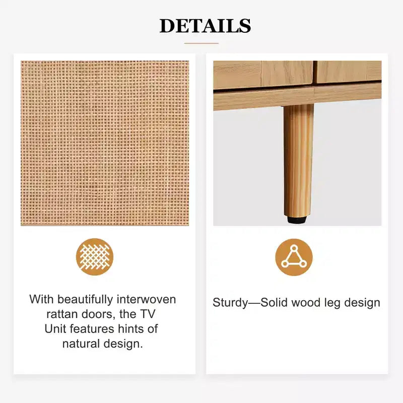 Meuble TV moderne en rotin avec étagères ouvertes et pieds en bois robustes.
