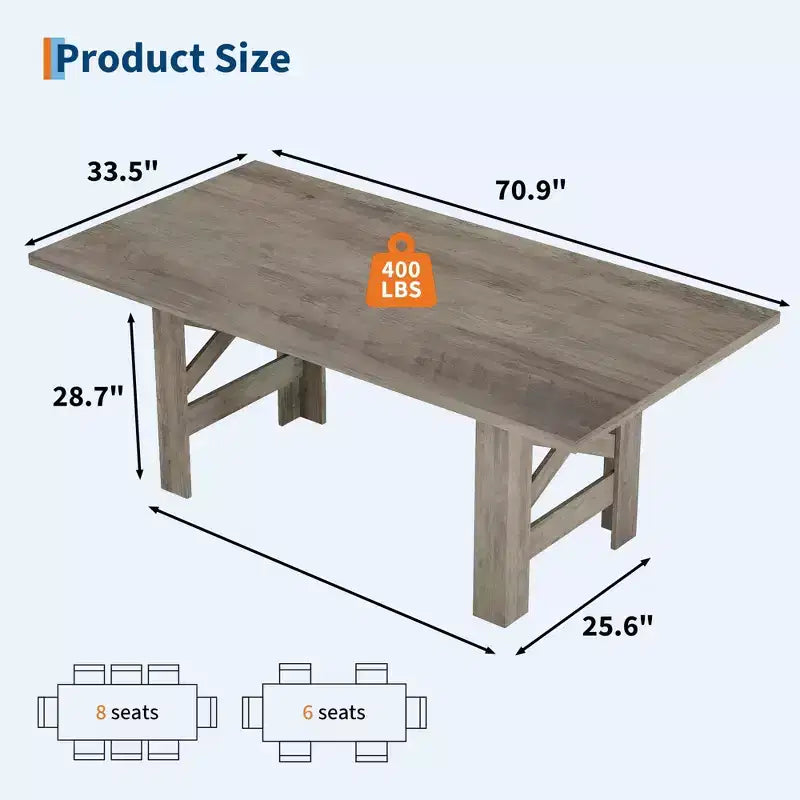 Longue table à manger de cuisine en bois ; 6 à 8 places.