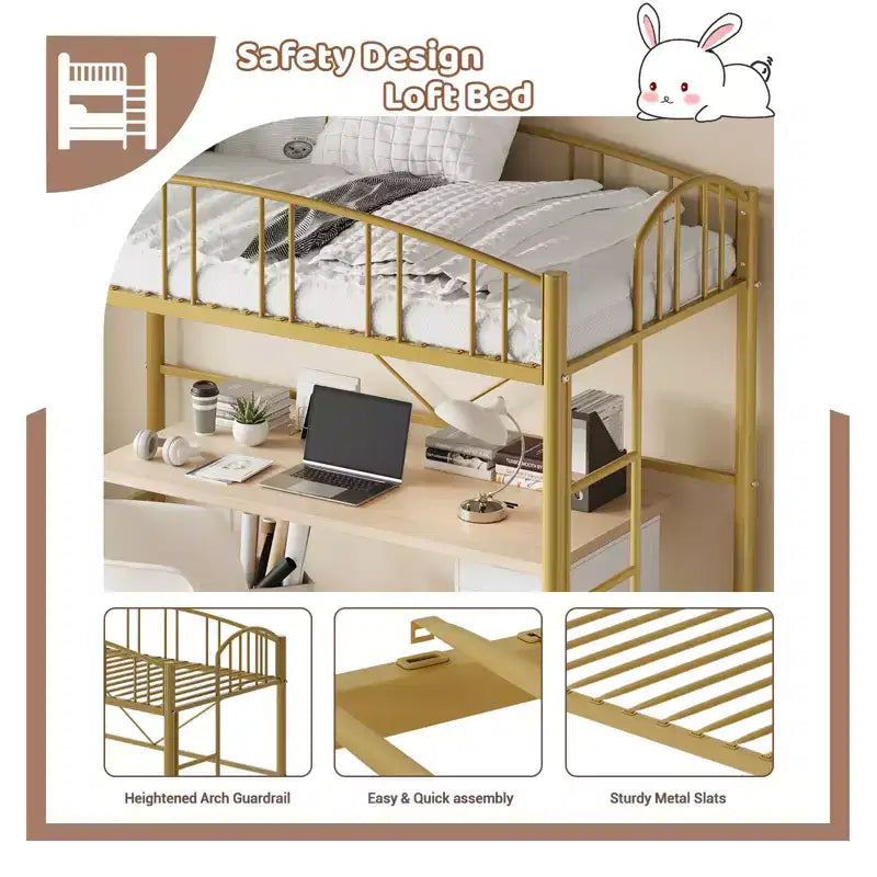 Lit mezzanine double avec cadre métallique robuste ; barrières de sécurité cintrées et échelle de sécurité.