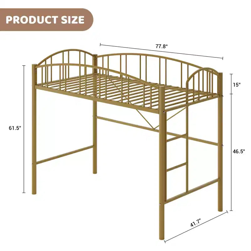 Lit mezzanine double avec cadre métallique robuste ; barrières de sécurité cintrées et échelle de sécurité.