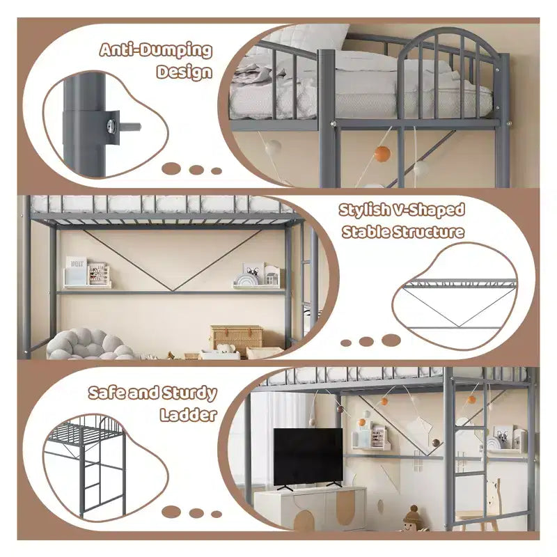Lit mezzanine double avec cadre métallique robuste ; barrières de sécurité cintrées et échelle de sécurité.