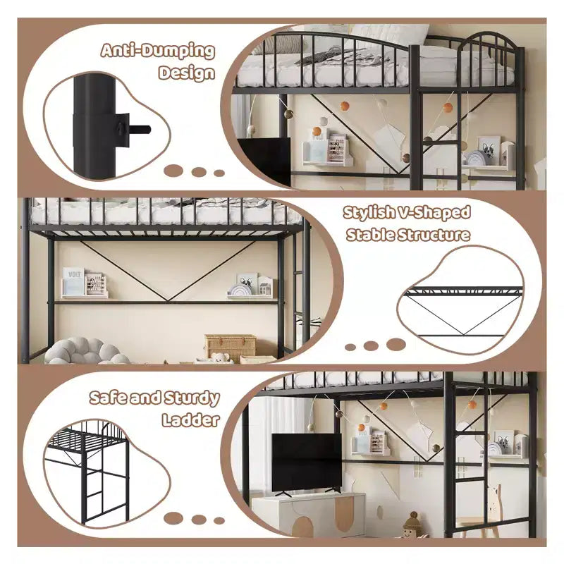 Lit mezzanine double avec cadre métallique robuste ; barrières de sécurité cintrées et échelle de sécurité.