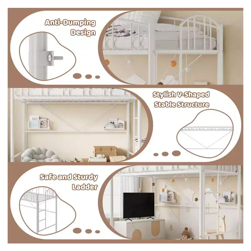 Lit mezzanine double avec cadre métallique robuste ; barrières de sécurité cintrées et échelle de sécurité.