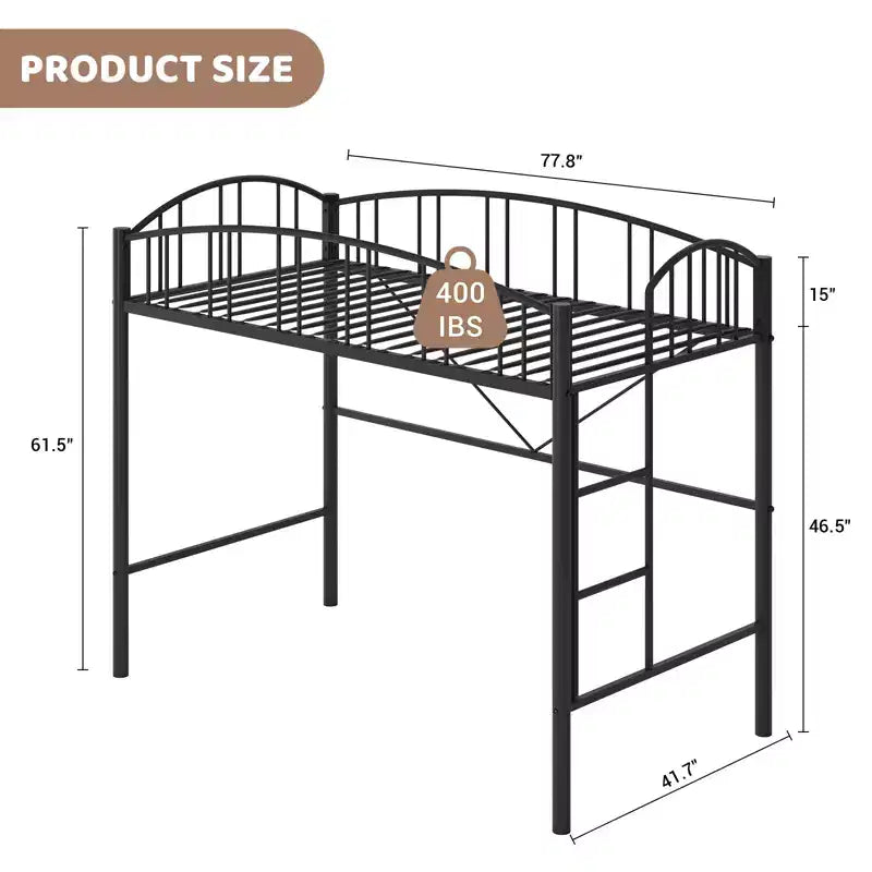 Lit mezzanine double avec cadre métallique robuste ; barrières de sécurité cintrées et échelle de sécurité.