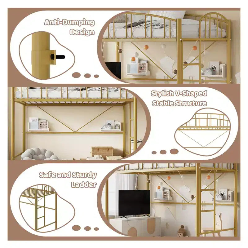 Lit mezzanine double avec cadre métallique robuste ; barrières de sécurité cintrées et échelle de sécurité.