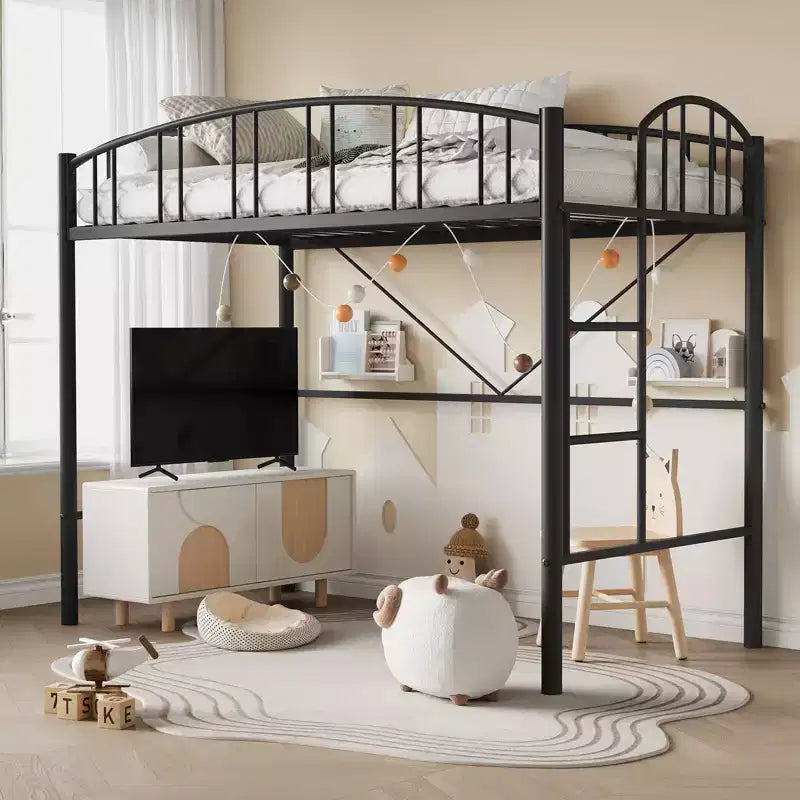 Twin-Size Loft Bed with Heavy-Duty Metal Loft Frame; Arched Guardrails and Safety Ladder; Space-Saving Design; No Mattress Base Required; Noiseless