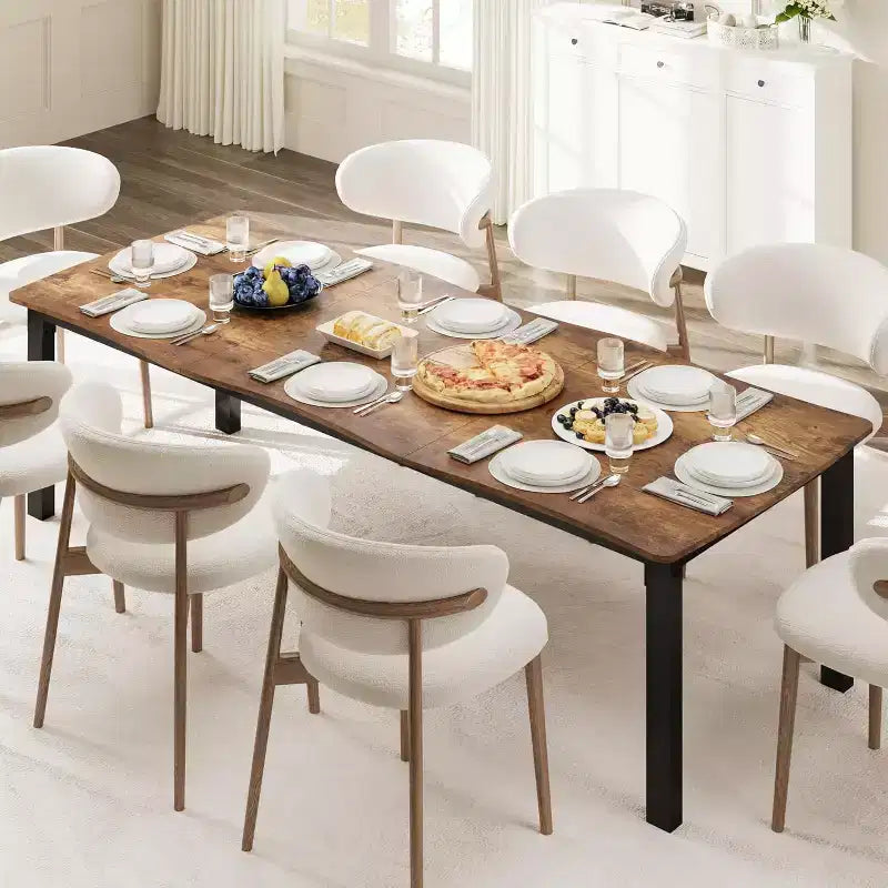 Dining Table with Wave Irregular Edge; 15mm Thick MDF Top & Metal Frame; Wooden Kitchen Table for 6-8; Retro Brown
