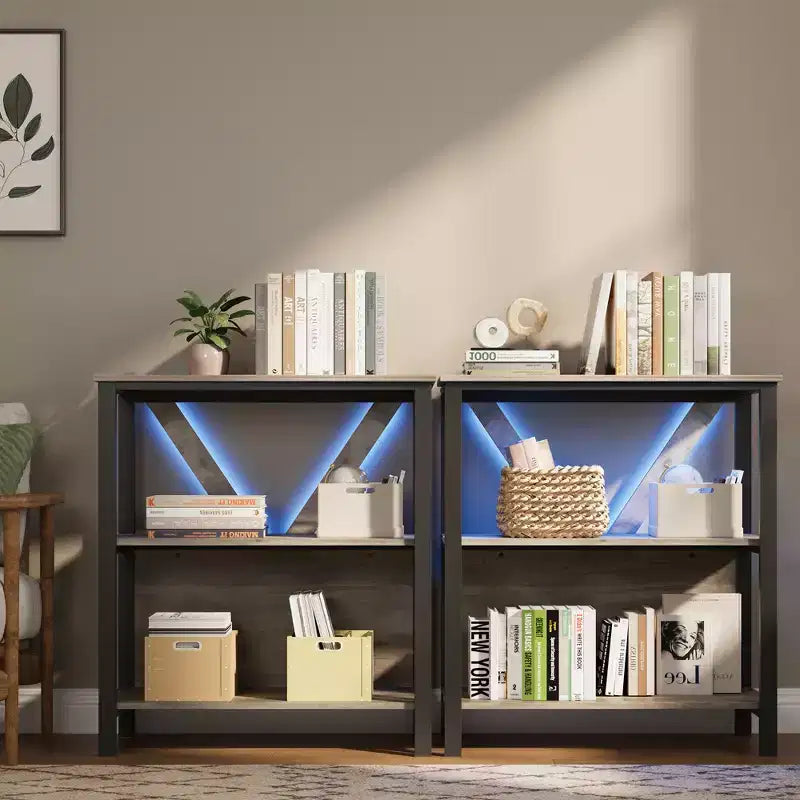 Three-tier bookshelf with lights - wooden and metal open display bookcase