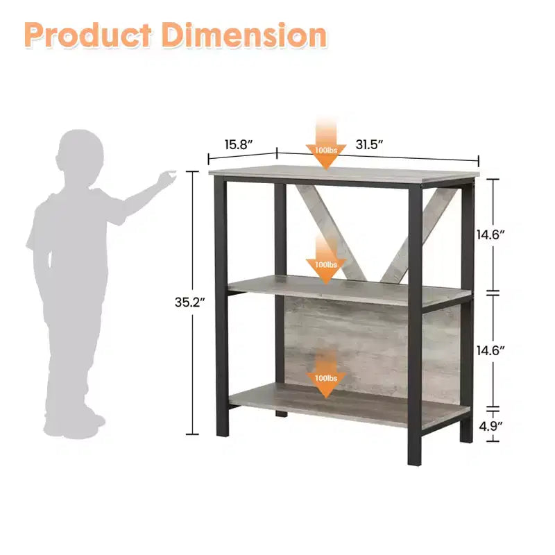 Three-tier bookshelf with lights - wooden and metal open display bookcase