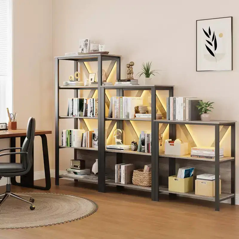 Étagère à trois niveaux avec lumières – Bibliothèque ouverte en bois et métal