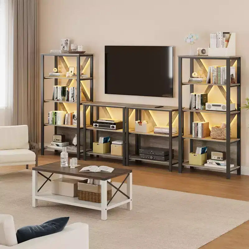 Étagère à trois niveaux avec lumières – Bibliothèque ouverte en bois et métal