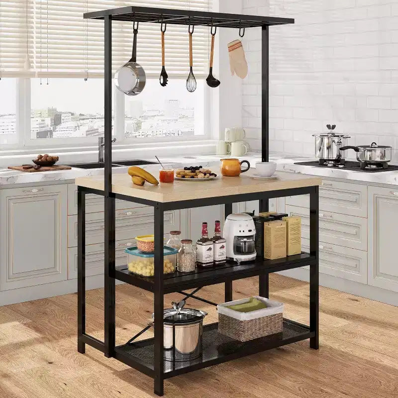 COZONY Kitchen Island with Power Outlets; Mobile Bakers Rack with 3 Shelves & Hooks
