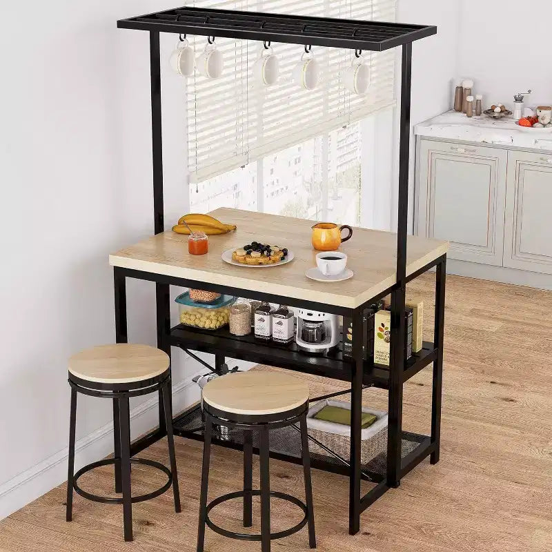 Îlot de cuisine avec prises électriques ; Desserte de boulanger mobile avec 3 étagères et crochets