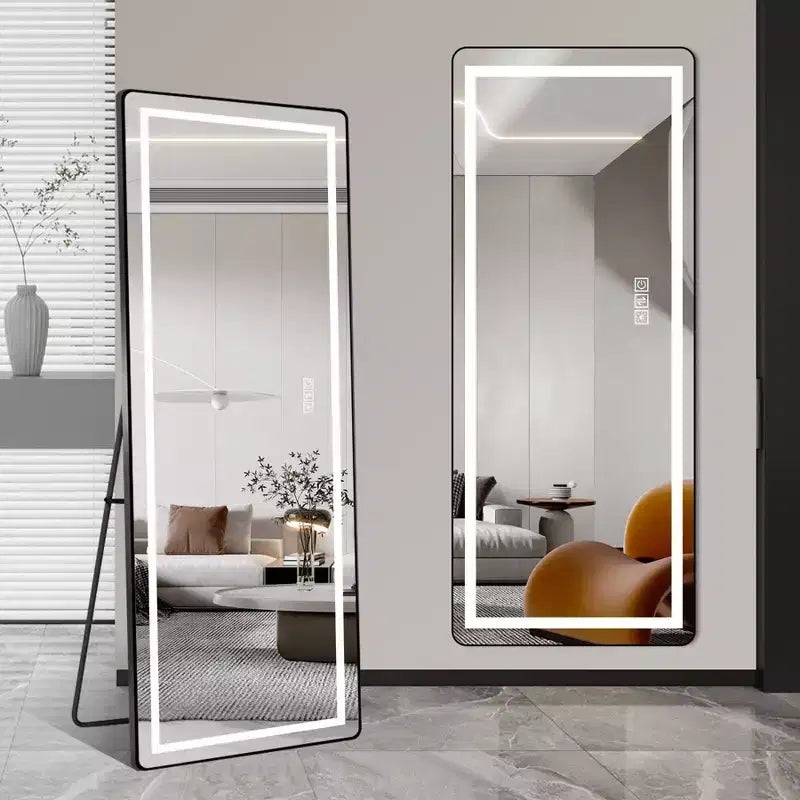 64 x 21 Inch Black Aluminum Alloy Thin Frame Full Length Mirror with LED Light; Illuminated Floor Mirror with Bracket for Bedroom