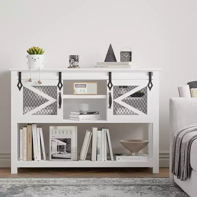 COZONY Farmhouse Entryway Table with Sliding Barn Doors; Industrial Console Table with Storage