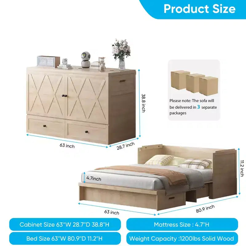 Lit escamotable queen-size avec station de recharge et tiroirs de rangement