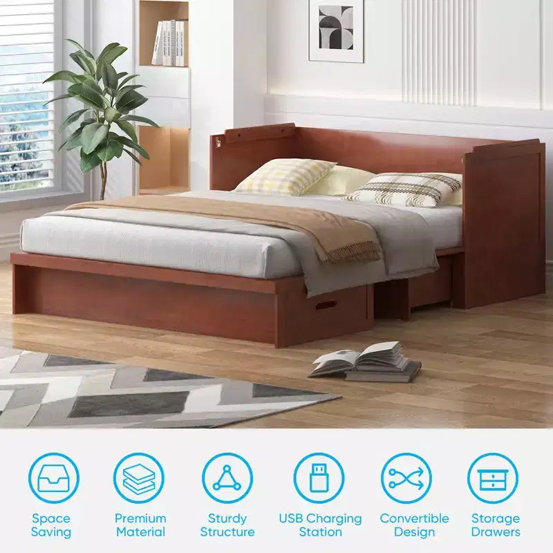 Lit escamotable queen-size avec station de recharge et tiroirs de rangement