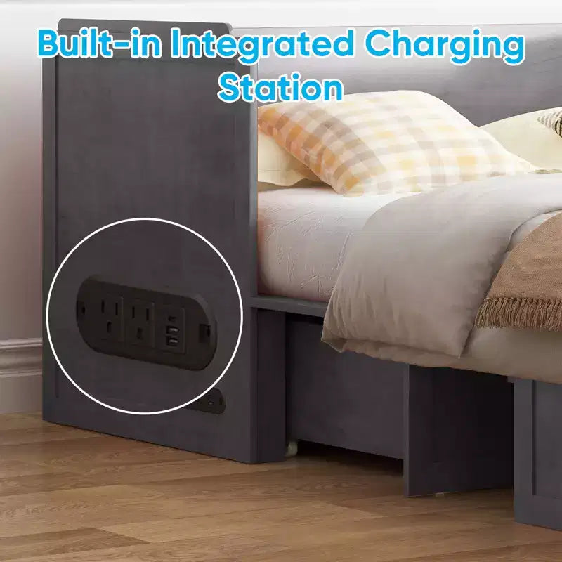 Lit escamotable queen-size avec station de recharge et tiroirs de rangement