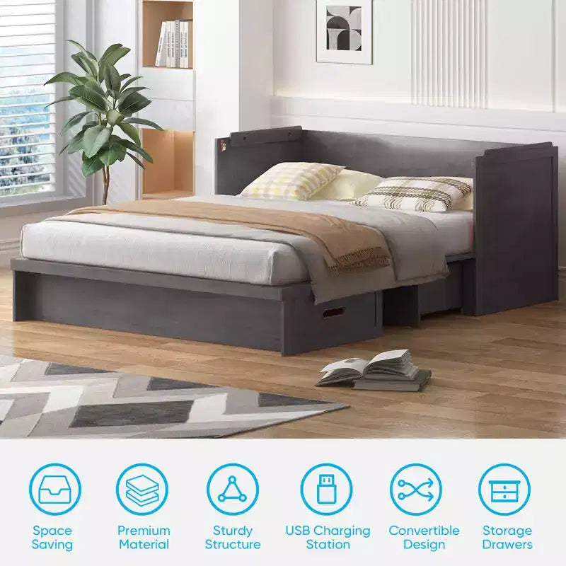 Lit escamotable queen-size avec station de recharge et tiroirs de rangement