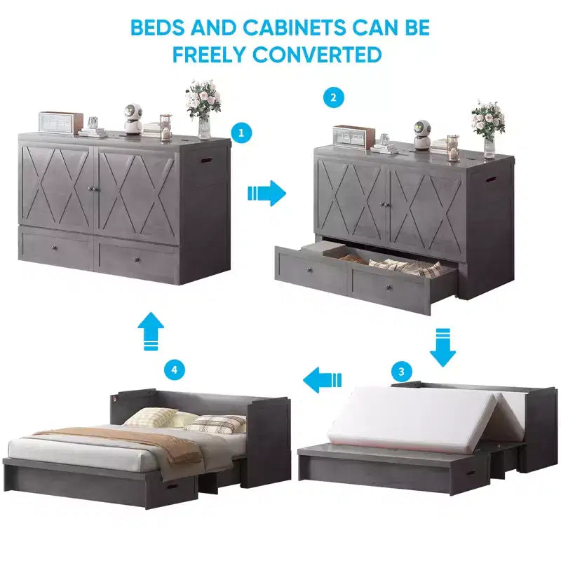 Lit escamotable queen-size avec station de recharge et tiroirs de rangement