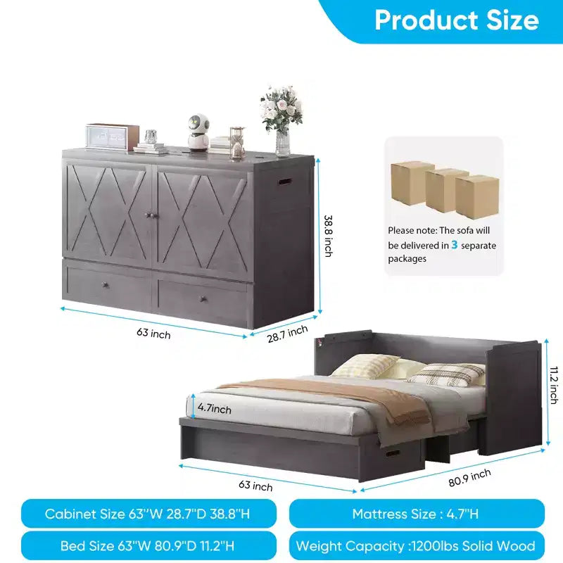 Lit escamotable queen-size avec station de recharge et tiroirs de rangement