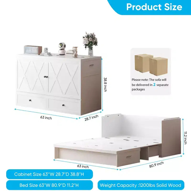 Lit escamotable queen-size avec station de recharge et tiroirs de rangement