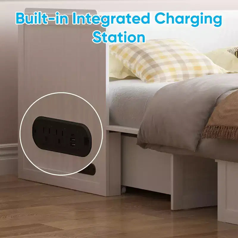 Lit escamotable queen-size avec station de recharge et tiroirs de rangement