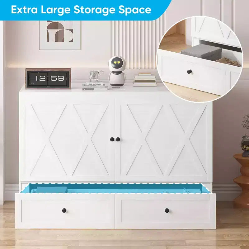 Lit escamotable queen-size avec station de recharge et tiroirs de rangement