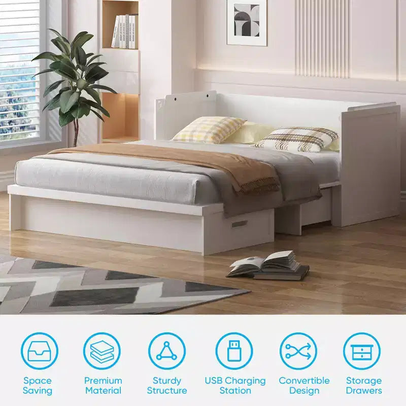 Lit escamotable queen-size avec station de recharge et tiroirs de rangement
