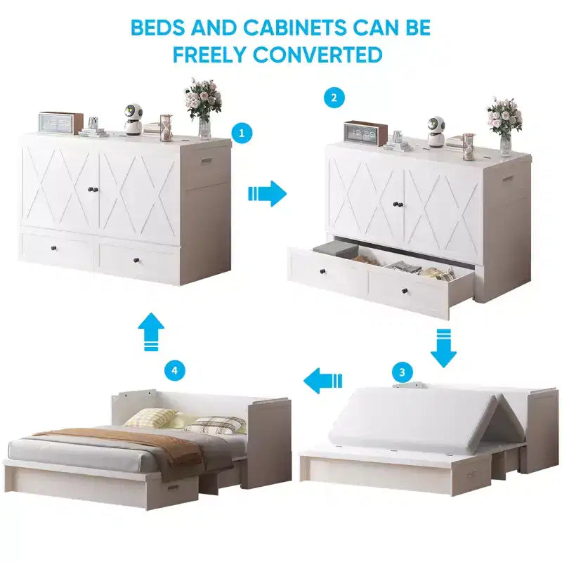 Lit escamotable queen-size avec station de recharge et tiroirs de rangement