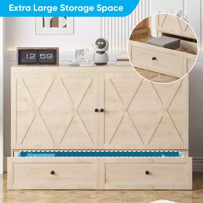 Lit escamotable queen-size avec station de recharge et tiroirs de rangement
