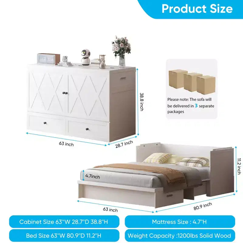 Lit escamotable queen-size avec station de recharge et tiroirs de rangement