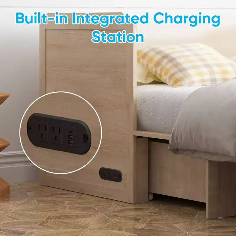 Lit escamotable queen-size avec station de recharge et tiroirs de rangement