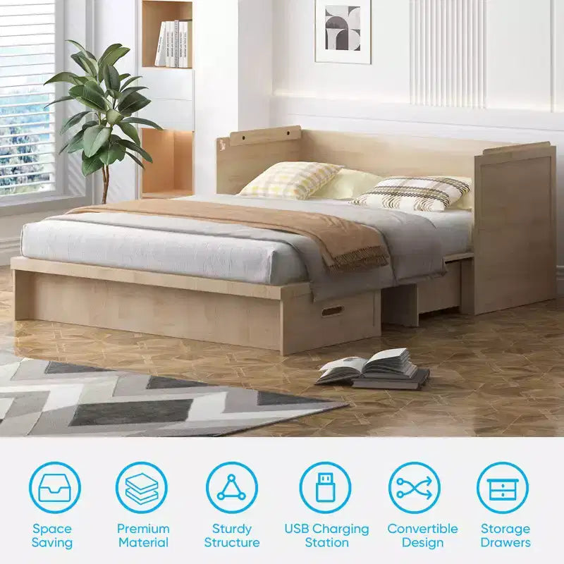 Lit escamotable queen-size avec station de recharge et tiroirs de rangement