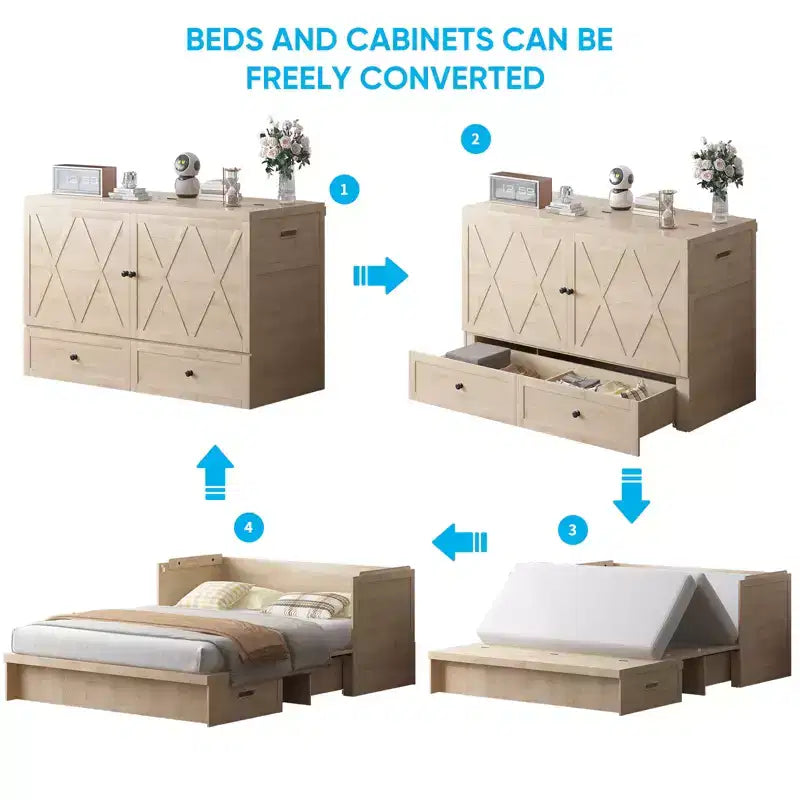 Lit escamotable queen-size avec station de recharge et tiroirs de rangement