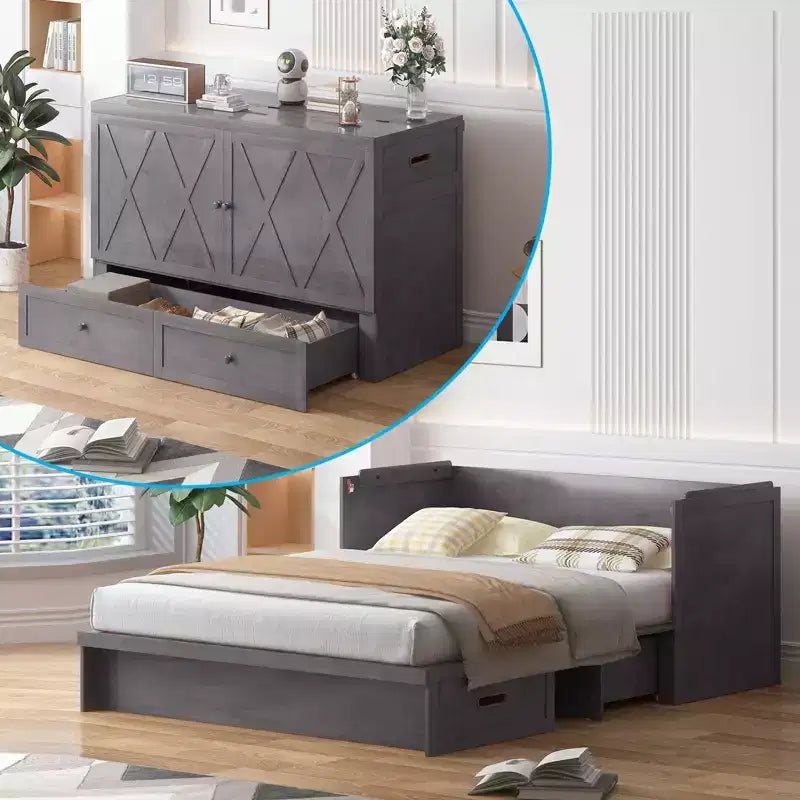 Queen-size Murphy bed with charging station and storage drawers