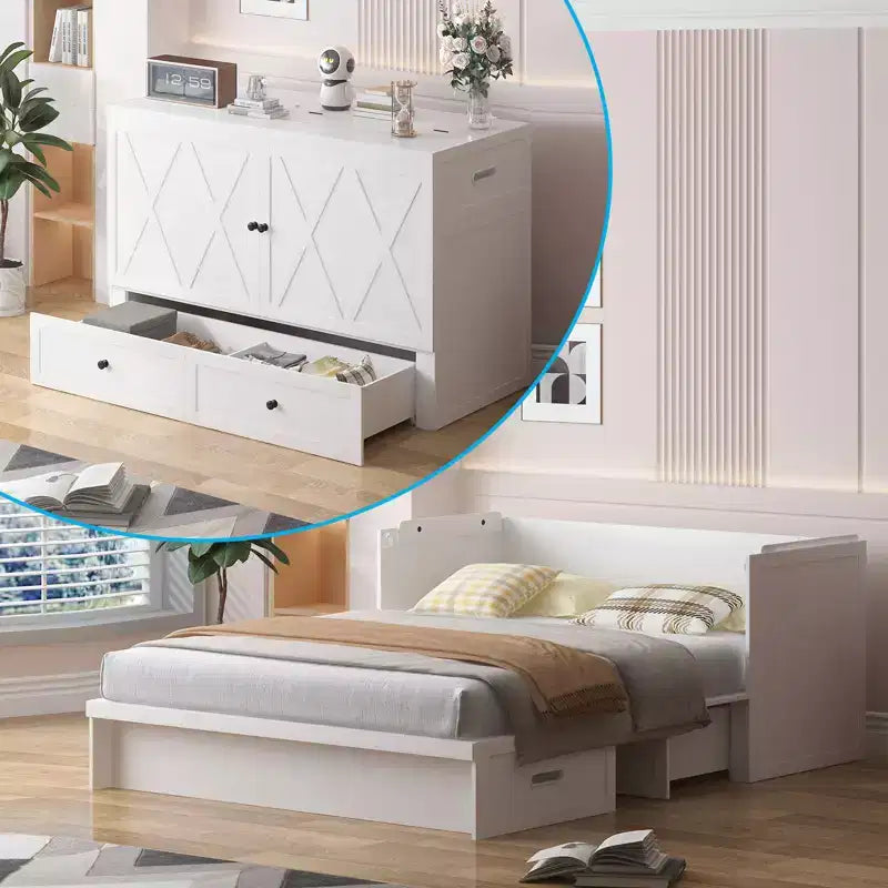 Queen-size Murphy bed with charging station and storage drawers