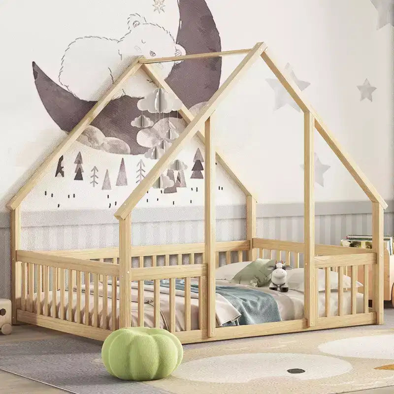 Zeus & Ruta Full Wood House-Shaped Floor Bed with Fence; Guardrails