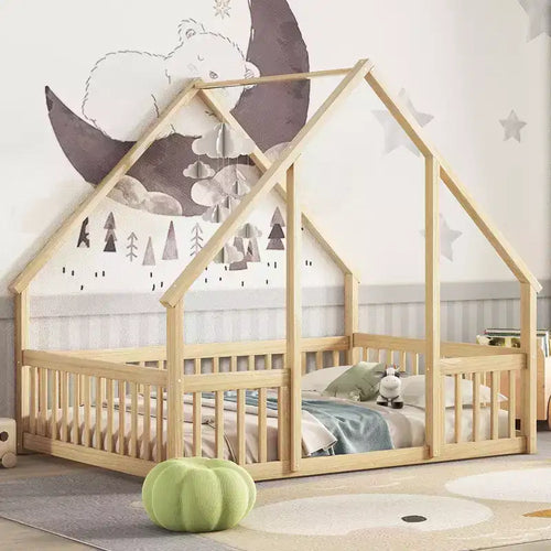 Zeus & Ruta Full Wood House-Shaped Floor Bed with Fence; Guardrails